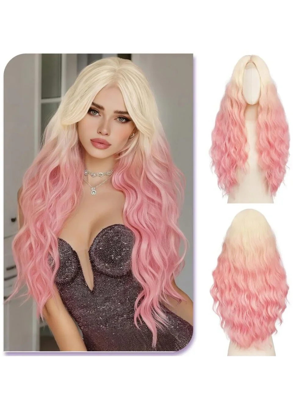 Women's Blonde Root Pink 28 Inch Lace Front Soft Synthetic Long Wavy Curly Wigs